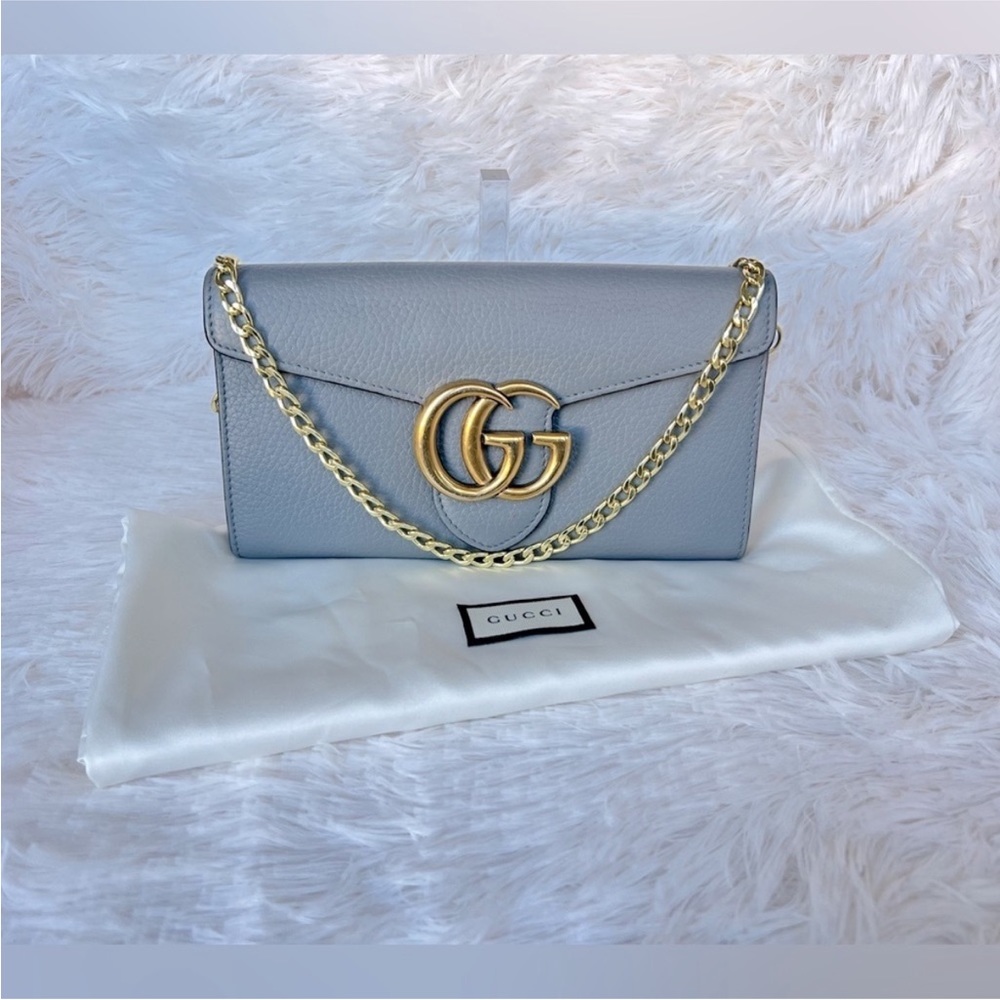 Authentic Gucci Marmont Grey Calfskin Wallet with chain